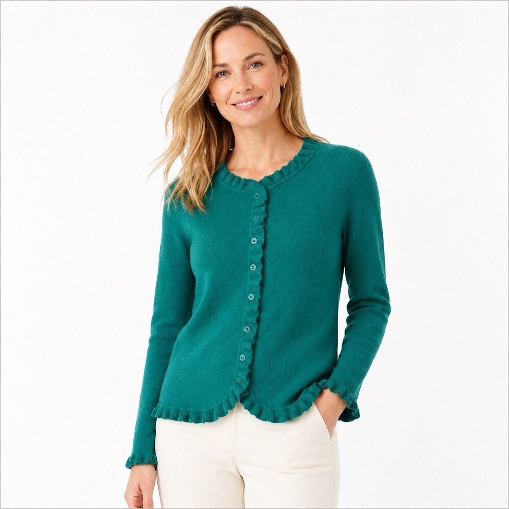 PURE Collection Cardigan Ruffle Trim Romantic Cashmere Emerald Green Size 6 NWT